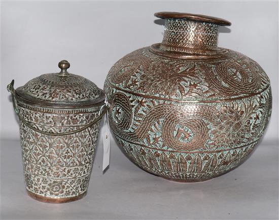 A Benares embossed copper vessel and an Iranian lidded copper bucket (2)